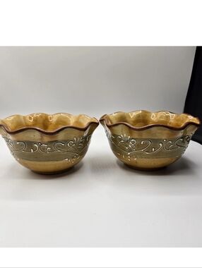 Pier 1 MAROMA Hand Painted Embossed Scrolls Ruffle Edge Bowls Set Of 2